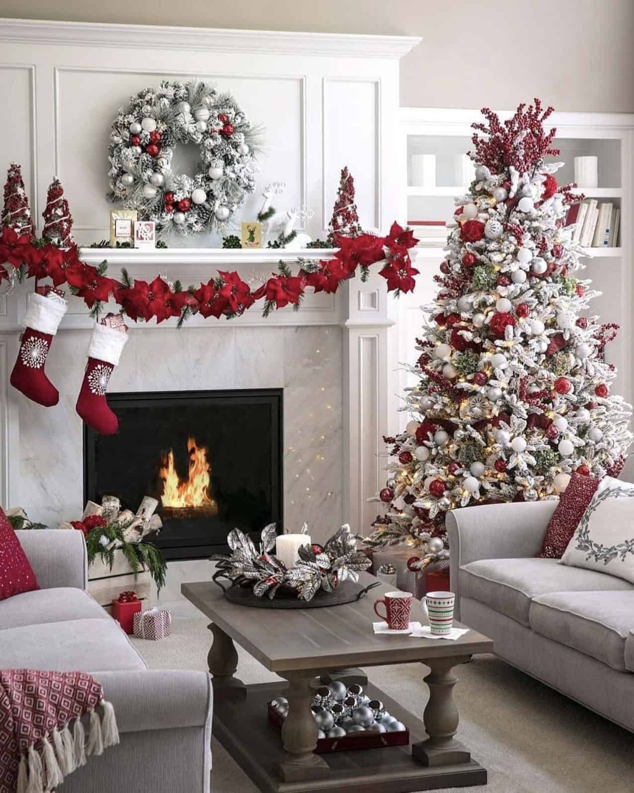 Striking Red and White Flocked Christmas Tree Striking Red and White Flocked Christmas Tree — Cozy Christmas Living Room