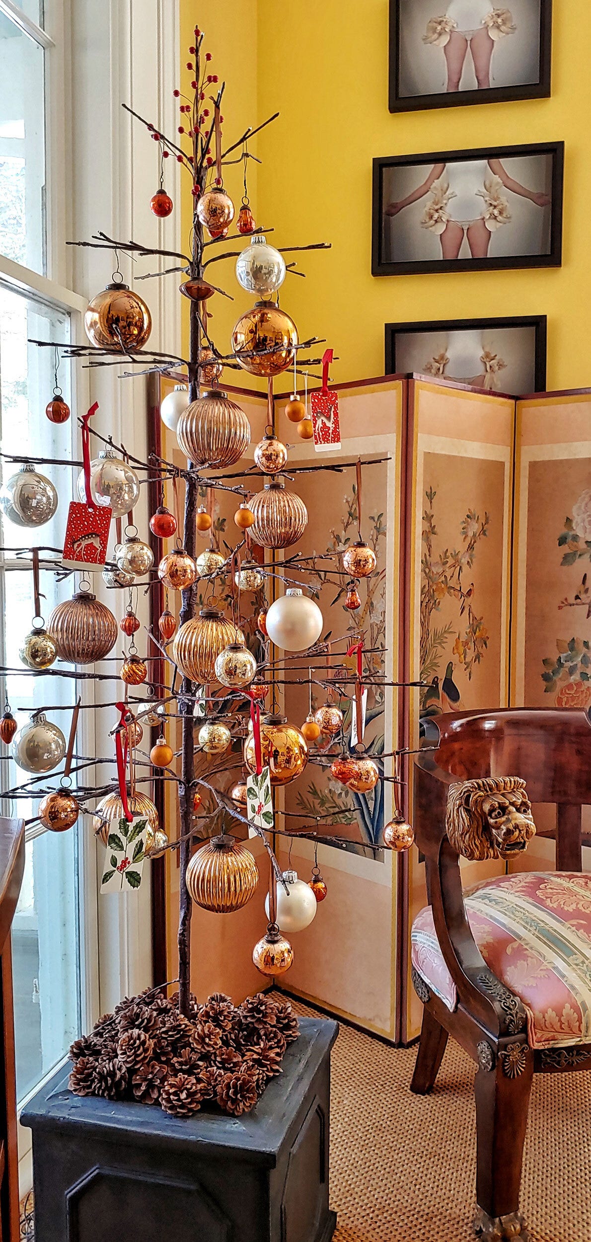Bare Branch Christmas Tree Decorated with Gold, Silver, and Red Accents Bare Branch Christmas Tree Decorated with Gold, Silver, and Red Accents — Ornament Christmas Tree