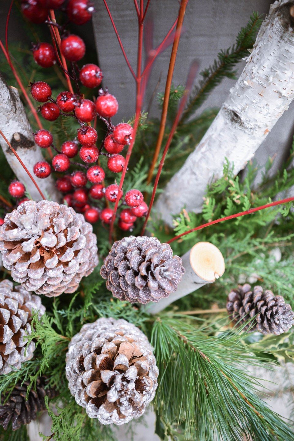 Natural Christmas Planter Arrangement with Pine, Berries, and Birch Natural Christmas Planter Arrangement with Pine, Berries, and Birch — Christmas Yard Decor