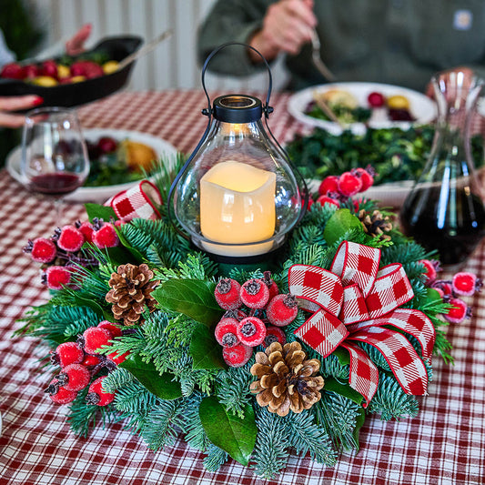 Traditional Christmas Centerpiece with Frosted Red Berries — Red and Green Christmas Decor