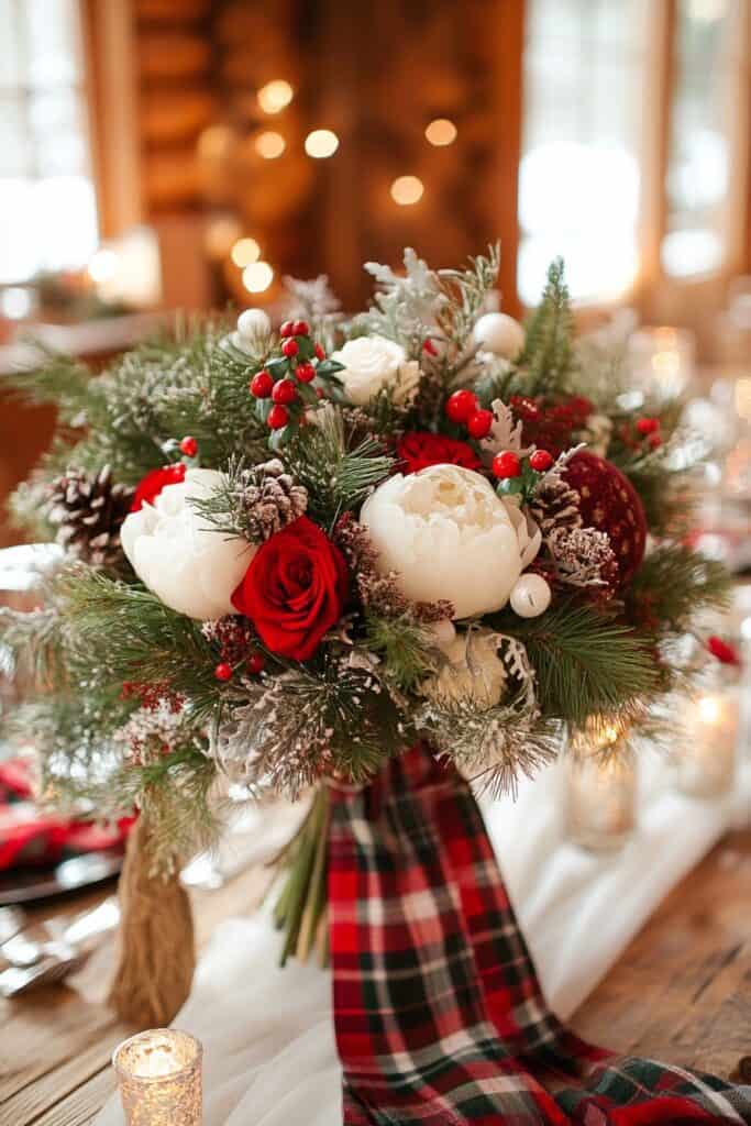 Festive Winter Bouquet with Plaid Ribbon and Glitter Festive Winter Bouquet with Plaid Ribbon and Glitter — Christmas Wedding Decor
