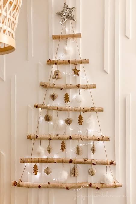 Natural Branch Wall Tree with Paper Ornaments Natural Branch Wall Tree with Paper Ornaments — Wall Christmas Tree