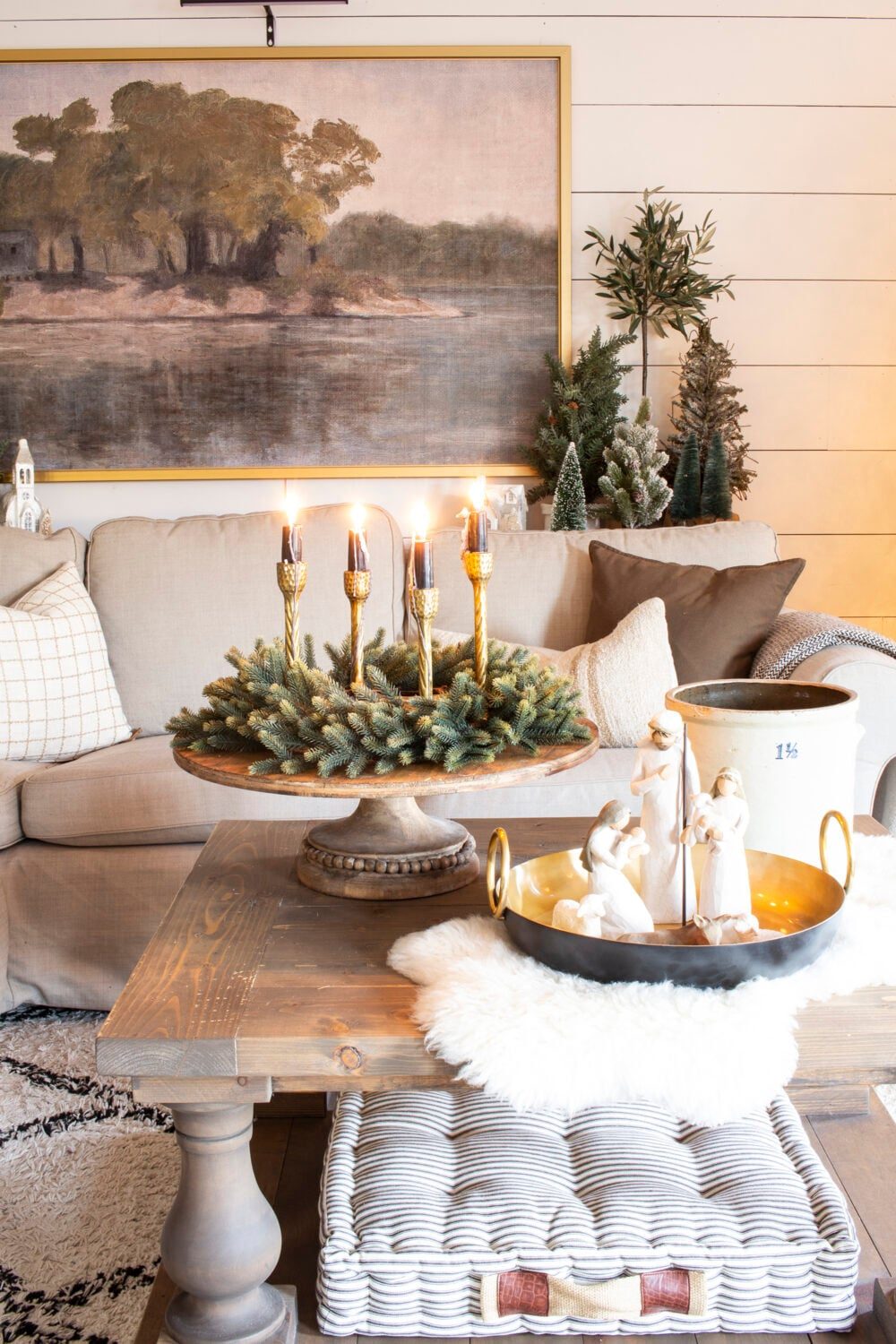 Modern Farmhouse Coffee Table with Advent Wreath and Nativity Figures — Winter Decor After Christmas