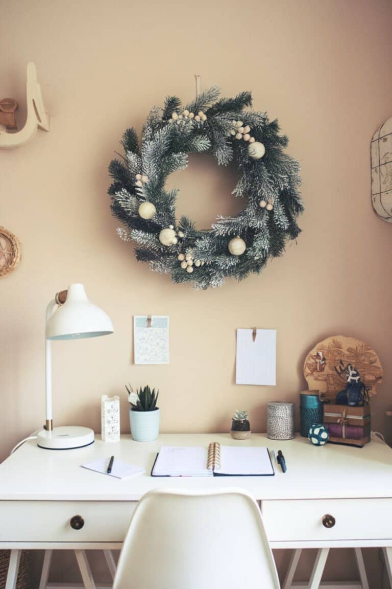 Frosted Christmas Wreath on Office Wall Frosted Christmas Wreath on Office Wall — Christmas Office Decor Ideas