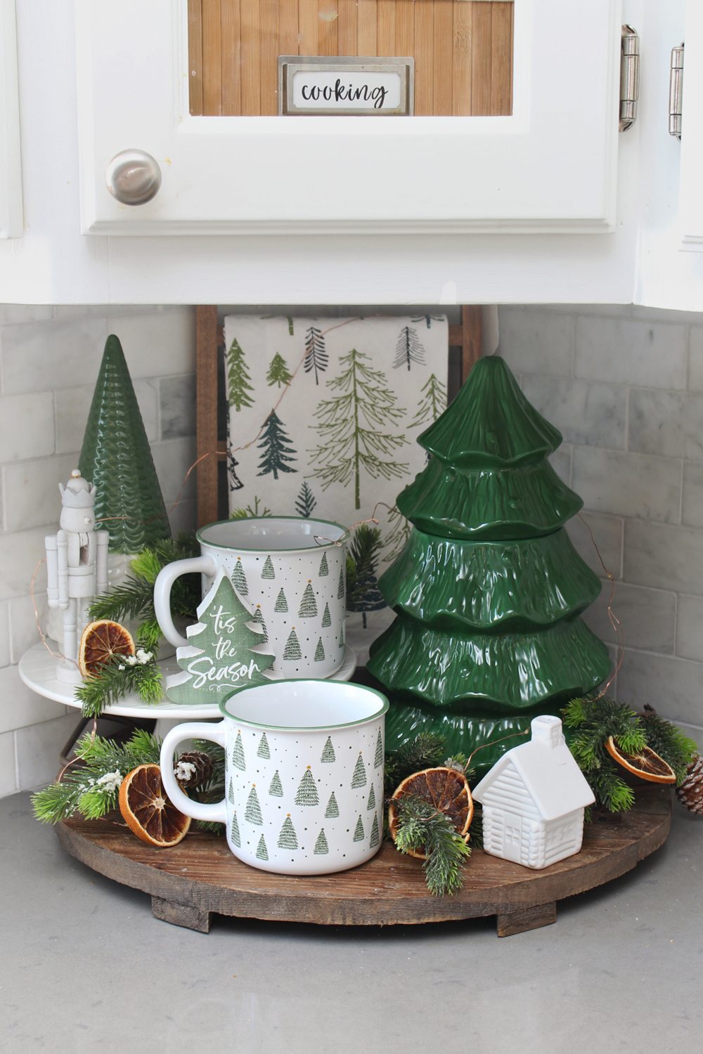 Farmhouse Counter Vignette Featuring Nutcracker and Ceramic Trees Farmhouse Counter Vignette Featuring Nutcracker and Ceramic Trees — Christmas Kitchen Decor