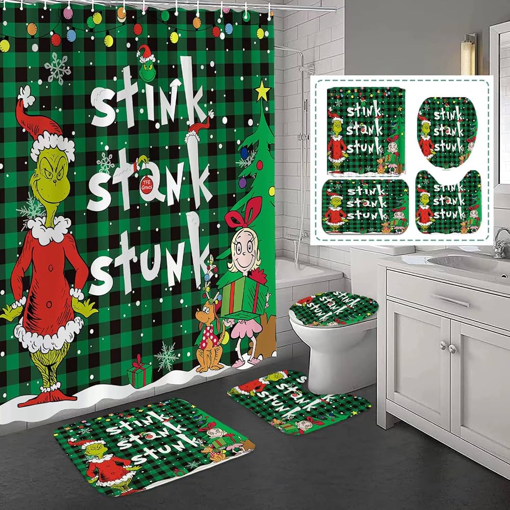 Grinch Buffalo Check Shower Curtain Set — Christmas Bathroom Decor