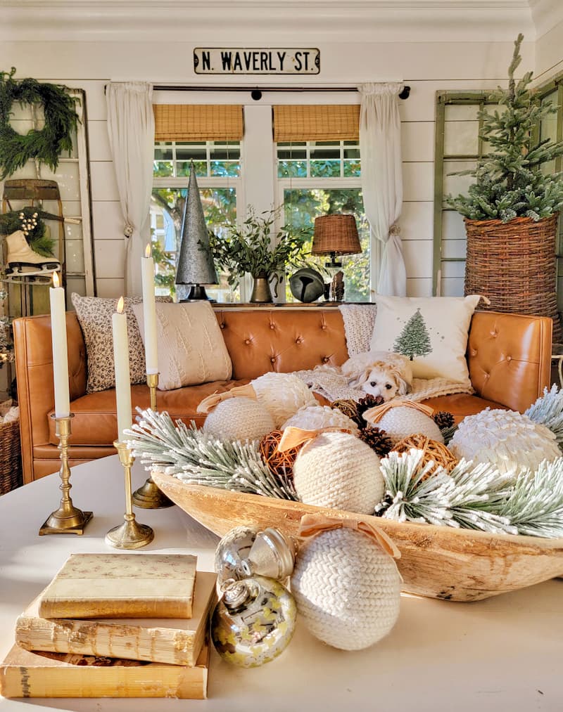 Tan Leather Sofa with Wooden Bowl of Ornaments — Rustic Christmas Decor