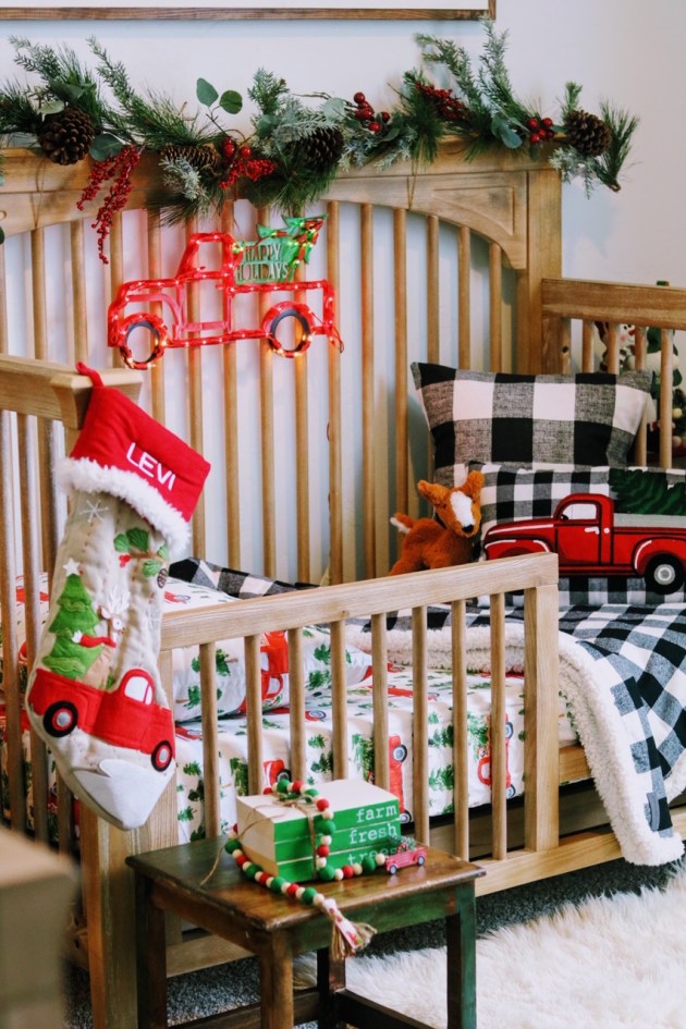 Wooden Crib with Red Truck Christmas Bedding — Kids Bedroom Christmas Decor