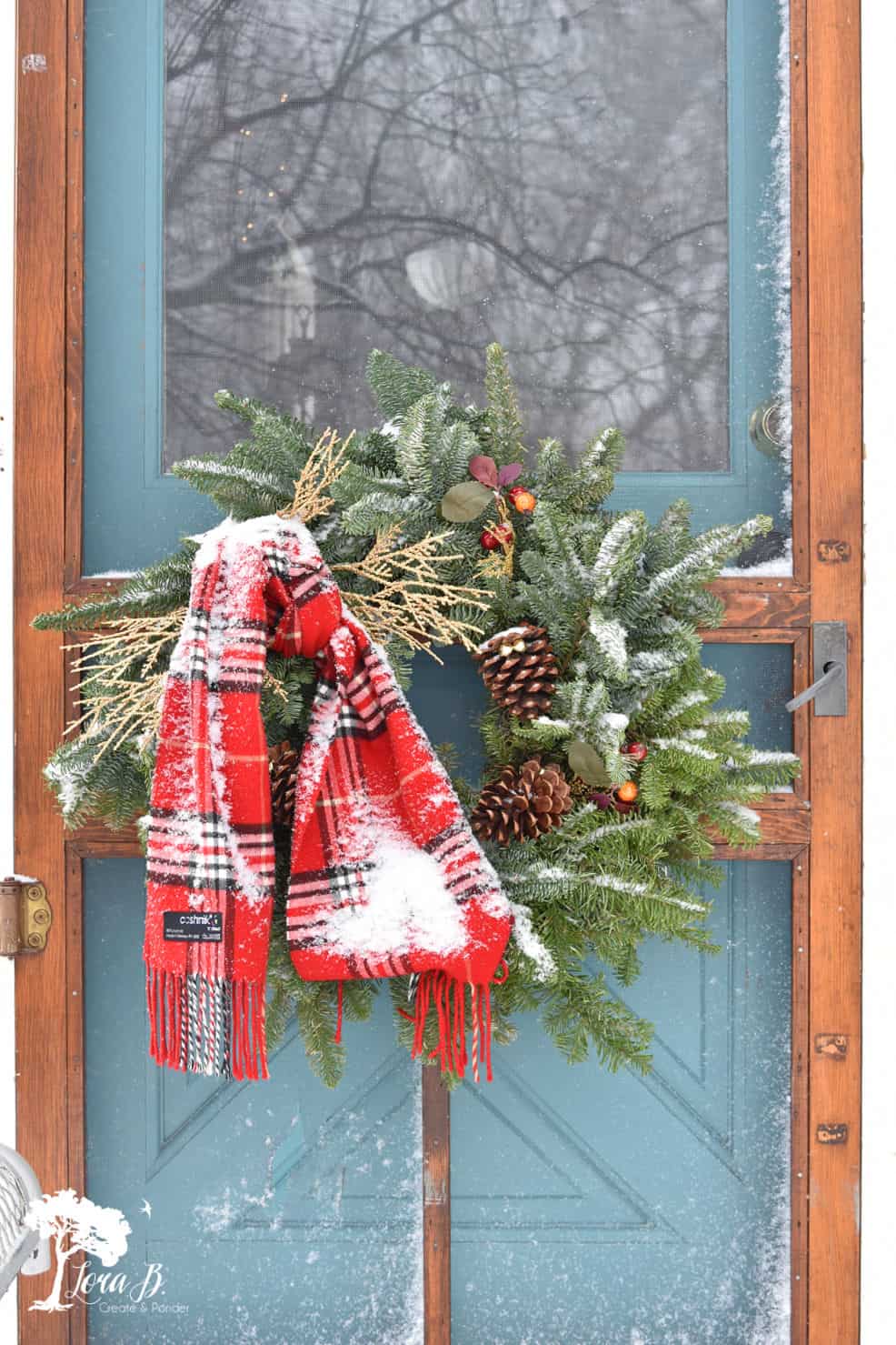 Rustic Screen Door with Snow-Dusted Evergreen Wreath — Christmas Porch Decor