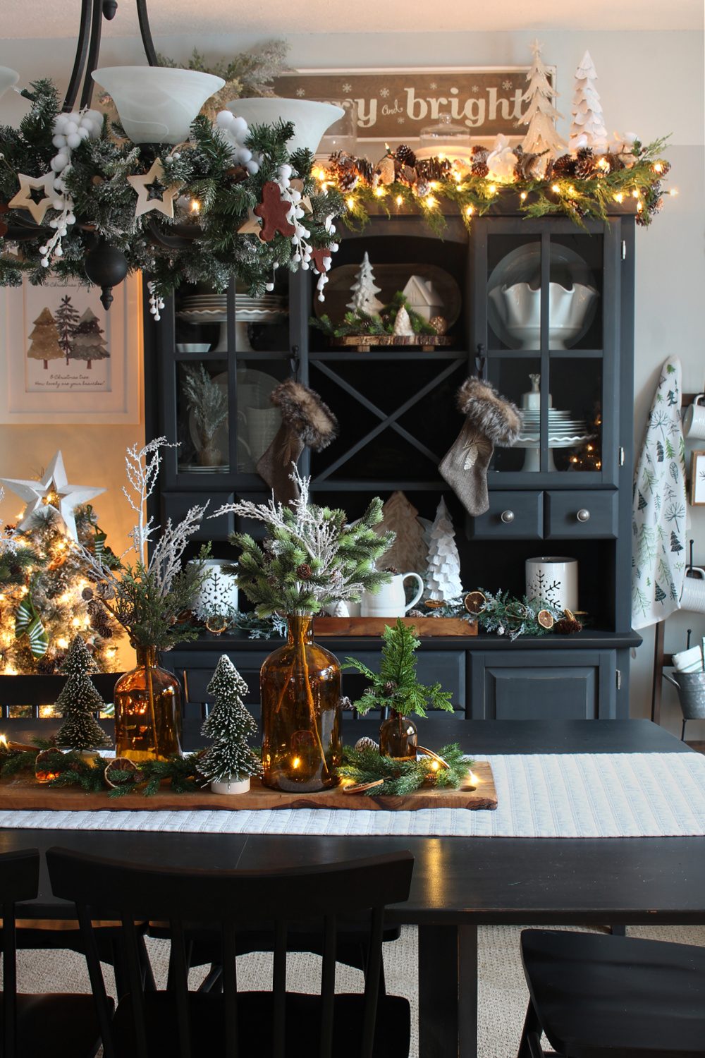 Rustic Christmas Centerpiece and Hutch Display — Christmas Dining Room Decor