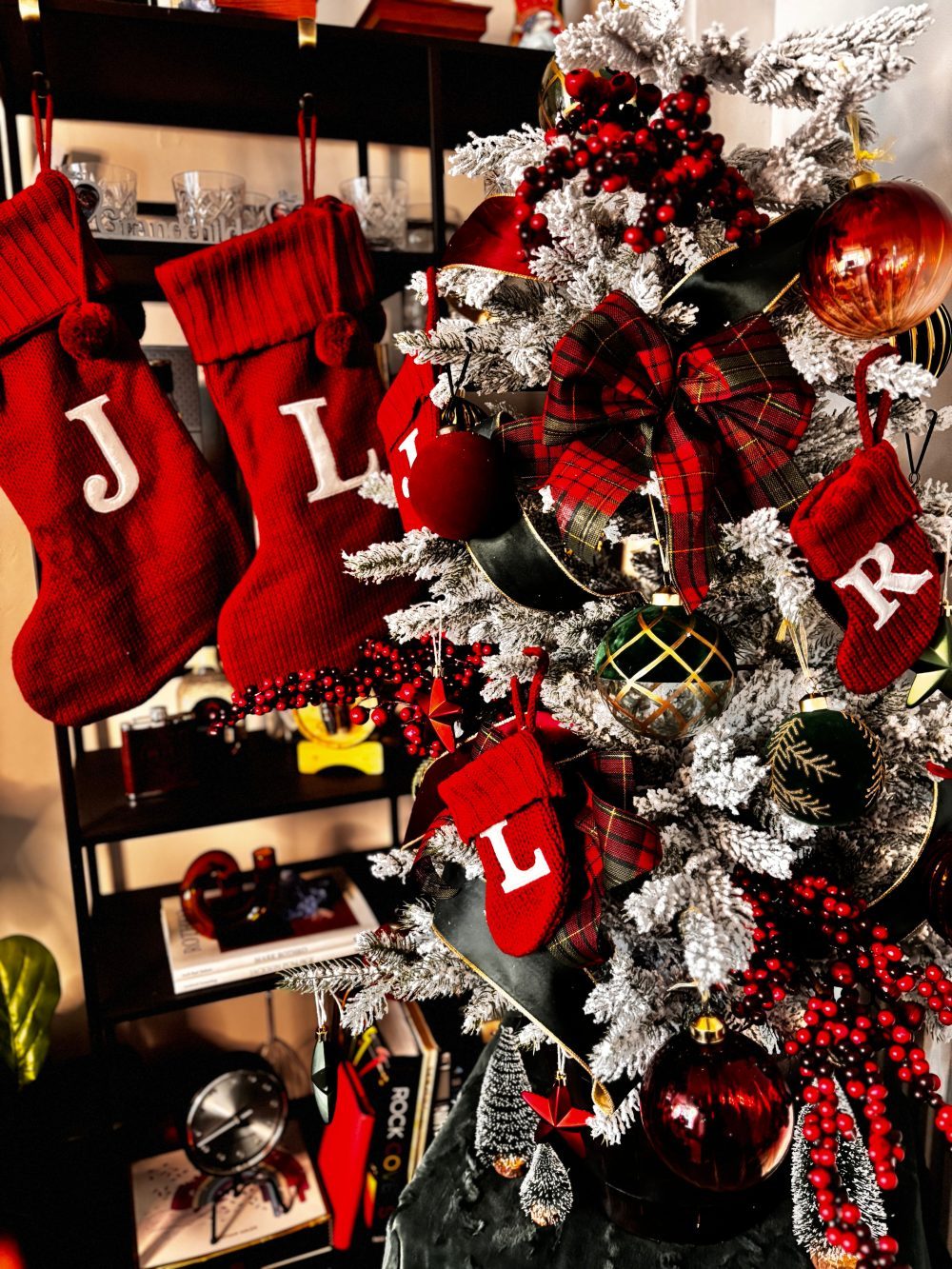 Traditional Flocked Christmas Tree with Red Stockings Traditional Flocked Christmas Tree with Red Stockings — Aesthetic Christmas Decor