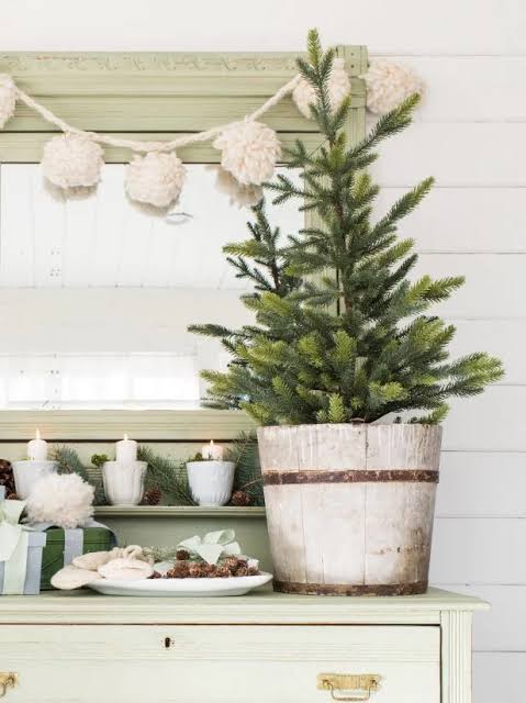 Miniature Farmhouse Tree in a Wooden Bucket — Rustic Christmas Tree