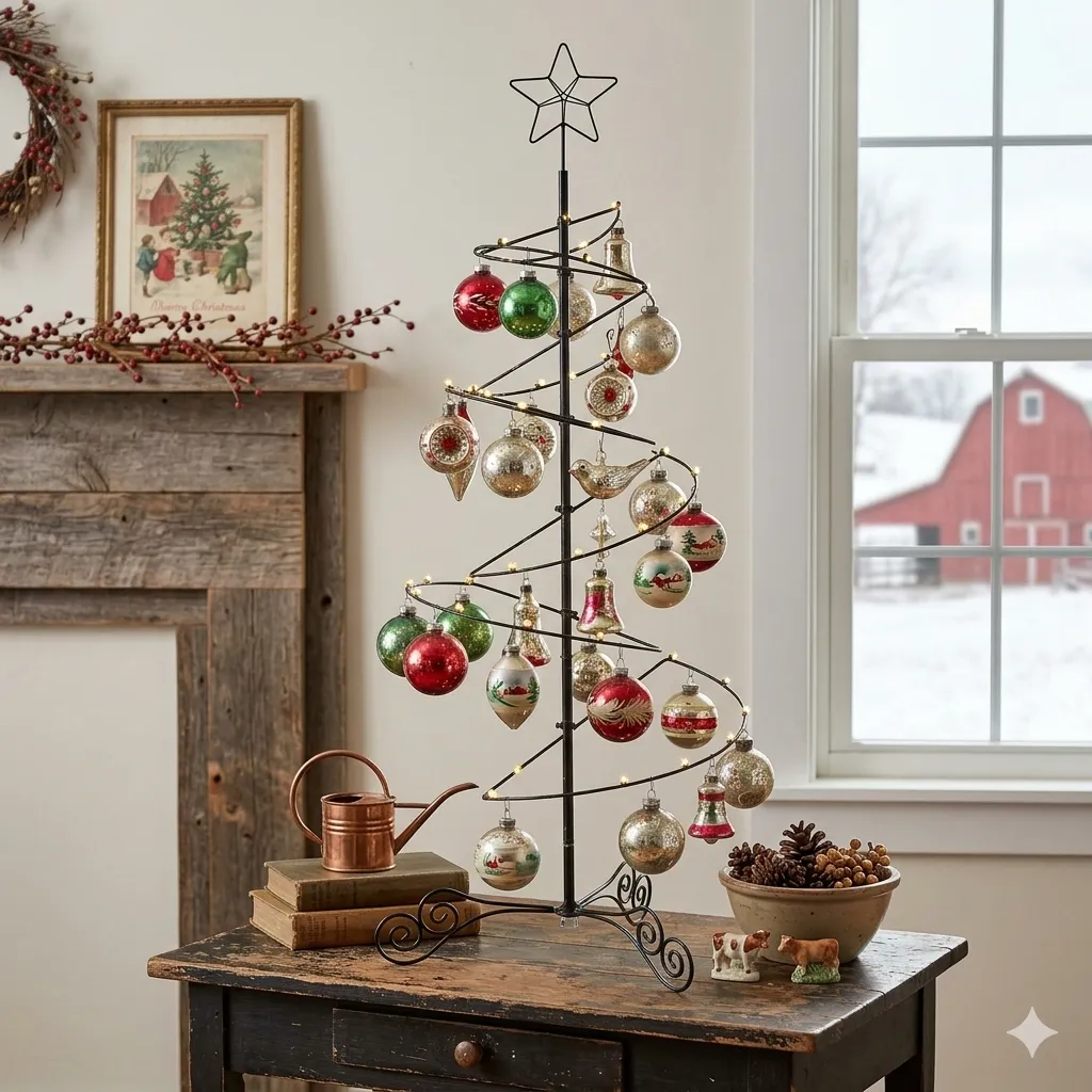 Black Metal Spiral Christmas Tree Alternative with Red and Green Ornaments Black Metal Spiral Christmas Tree Alternative with Red and Green Ornaments — Ornament Christmas Tree