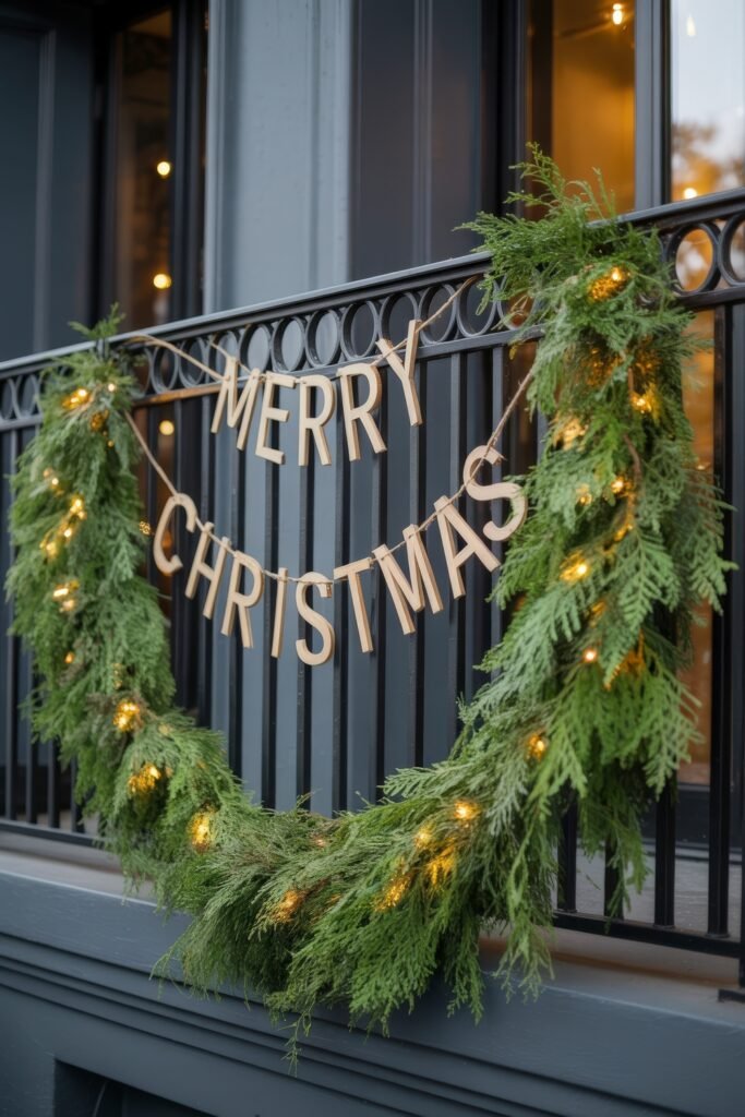 Rustic Balcony Railing with Cedar Garland and Wooden Sign Rustic Balcony Railing with Cedar Garland and Wooden Sign — Christmas Balcony Decor