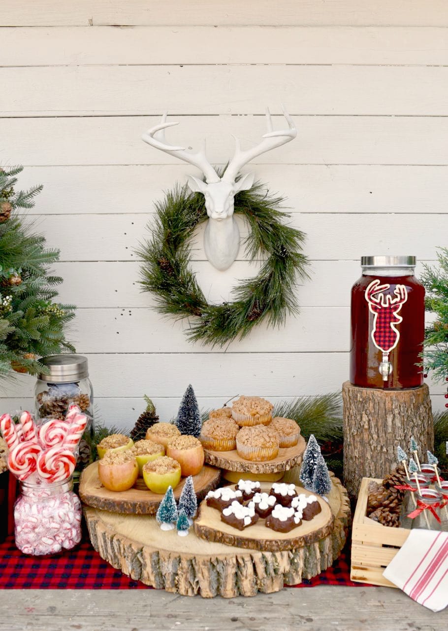 Rustic Outdoor Dessert Bar with Festive Treats and Plaid Accents — Christmas Party Decor