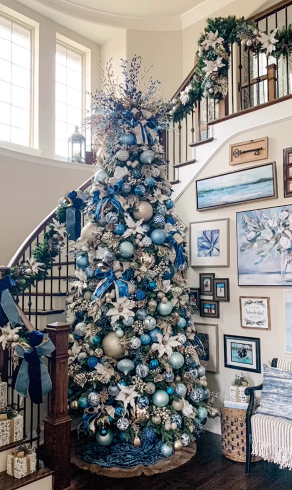 Dramatic Blue and Silver Entryway Grandeur — Elegant Christmas Tree