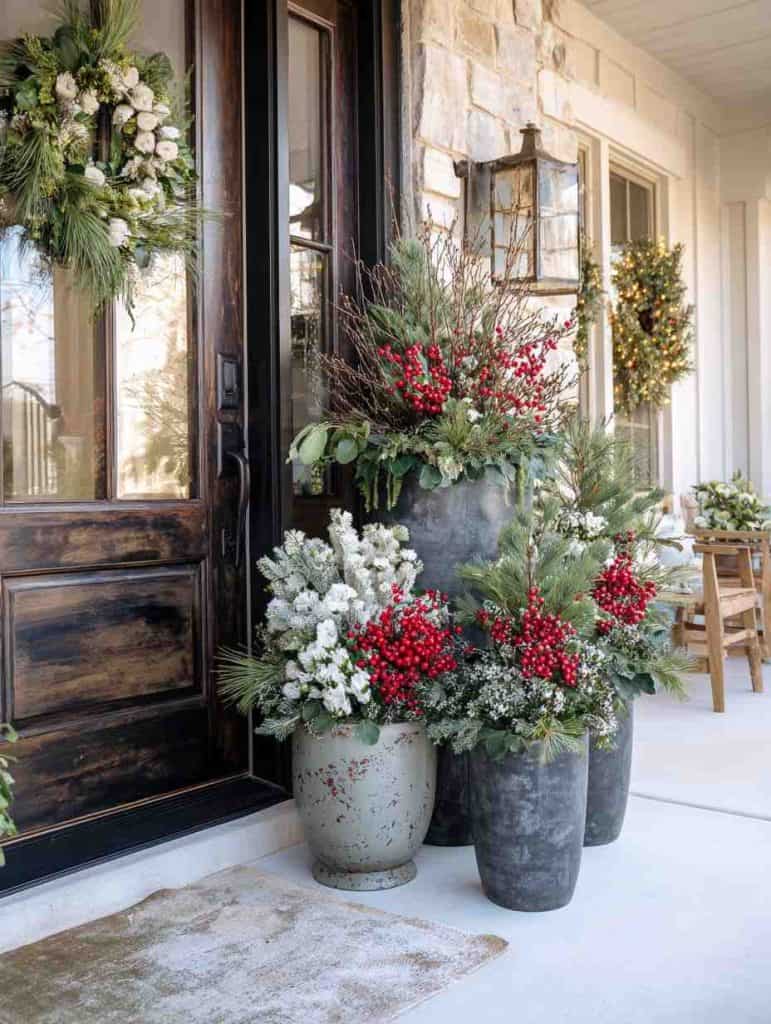 Modern Farmhouse Planter Collection with Frosted Accents Modern Farmhouse Planter Collection with Frosted Accents — Christmas Porch Planters
