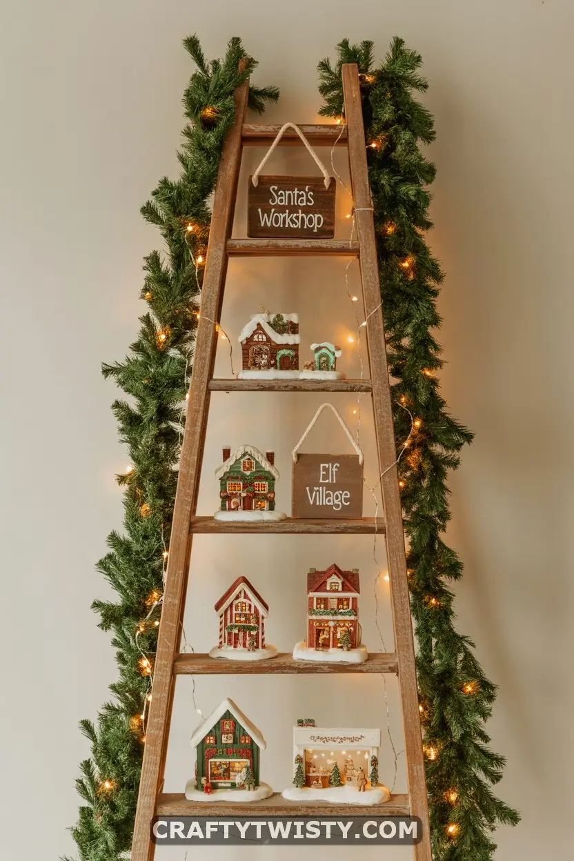 Farmhouse Christmas Village Displayed Vertically on a Ladder