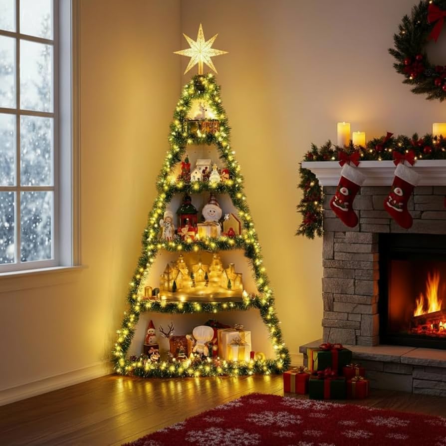 Corner Shelf Christmas Tree Display with Fairy Lights Corner Shelf Christmas Tree Display with Fairy Lights — Christmas Light Display Ideas