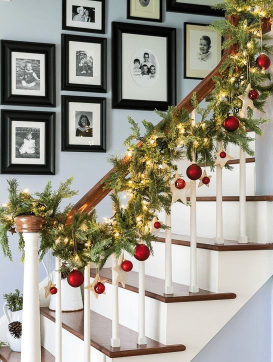 Traditional Garland with Red Baubles and String Lights Traditional Garland with Red Baubles and String Lights — Christmas Stair Garland