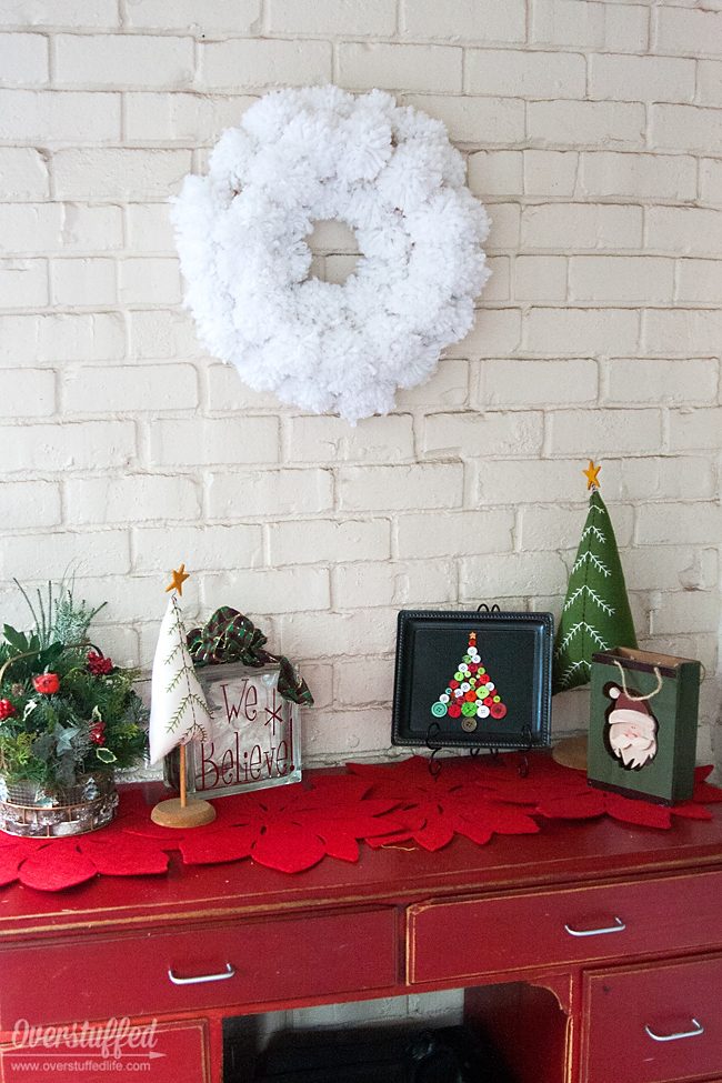 Farmhouse Christmas Decor Vignette on a Red Dresser — Dollar Tree Christmas Decor