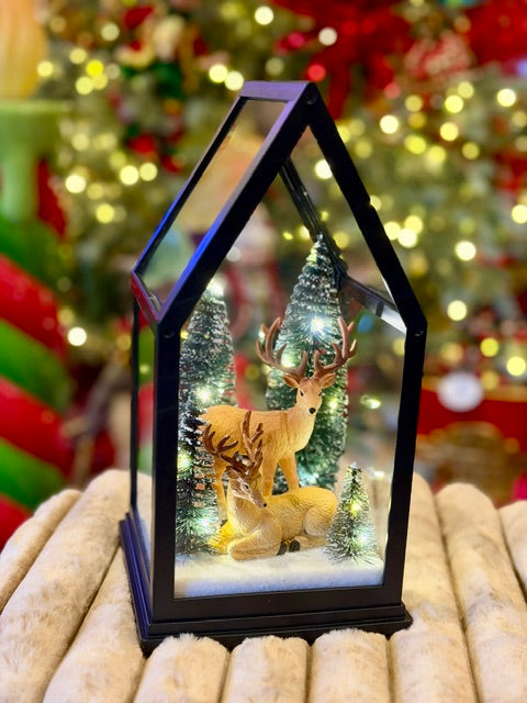 House-Shaped Lantern with Deer Scene — Christmas Lantern Lights