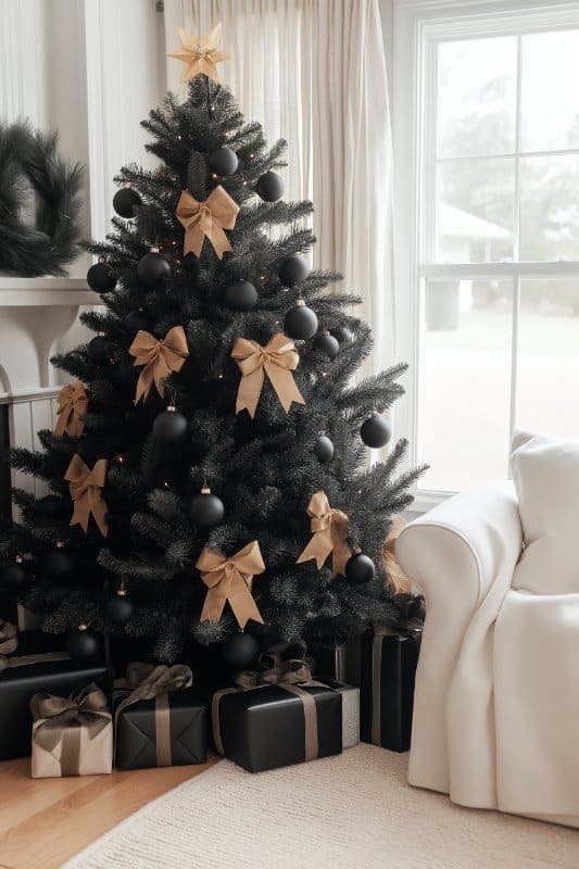 Tree With Gifts Modern Black Christmas Tree with Matte Black Ornaments and Gold Bows Tree With Gifts Modern Black Christmas Tree with Matte Black Ornaments and Gold Bows — Black and Gold Christmas Tree