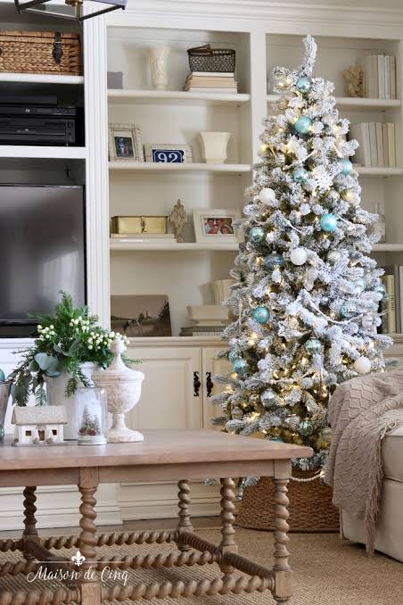Flocked Farmhouse Tree with Blue Ornaments and Shelving — Farmhouse Christmas Tree