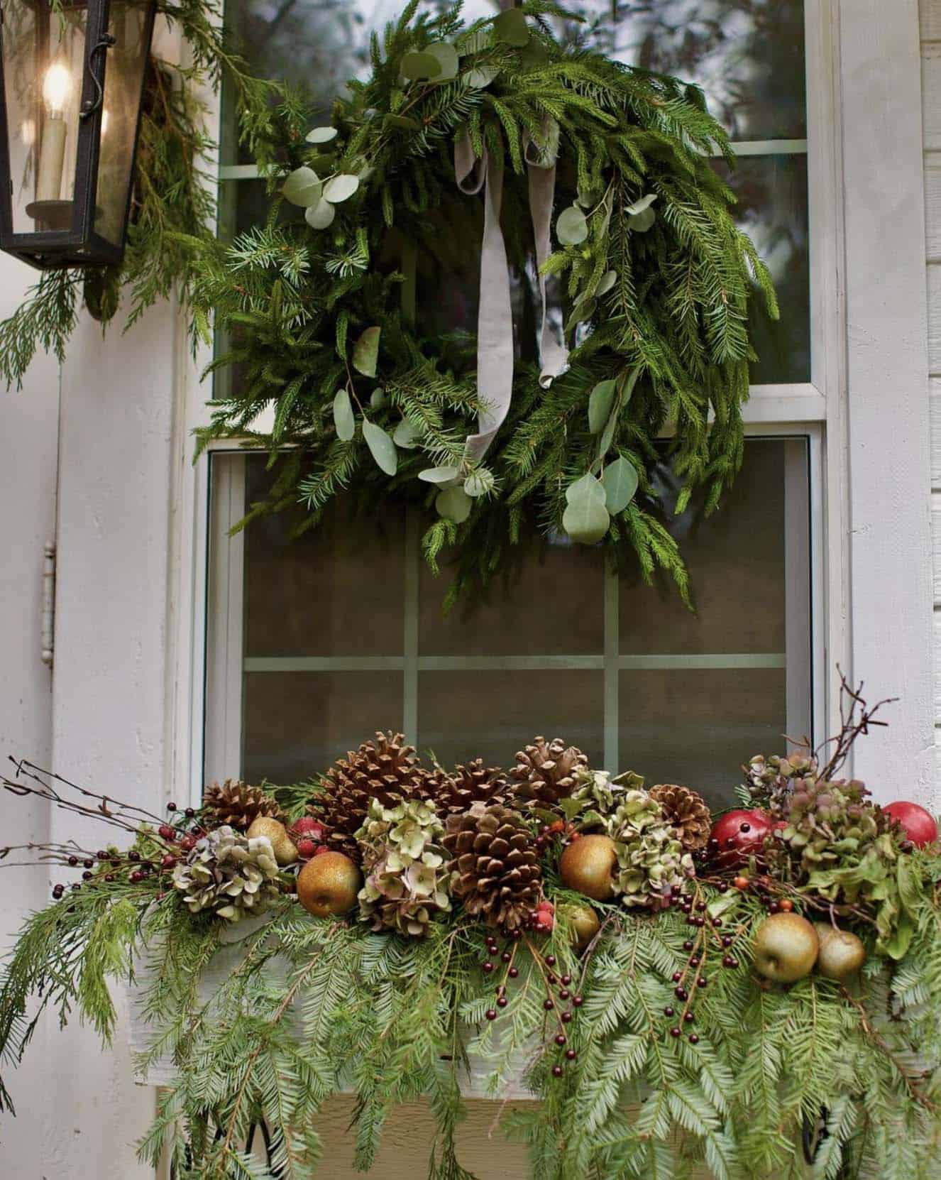 Abundant Window Box with Evergreen, Pinecones, Gold Apples, and Dried Hydrangeas — Christmas Window Decor Outdoor