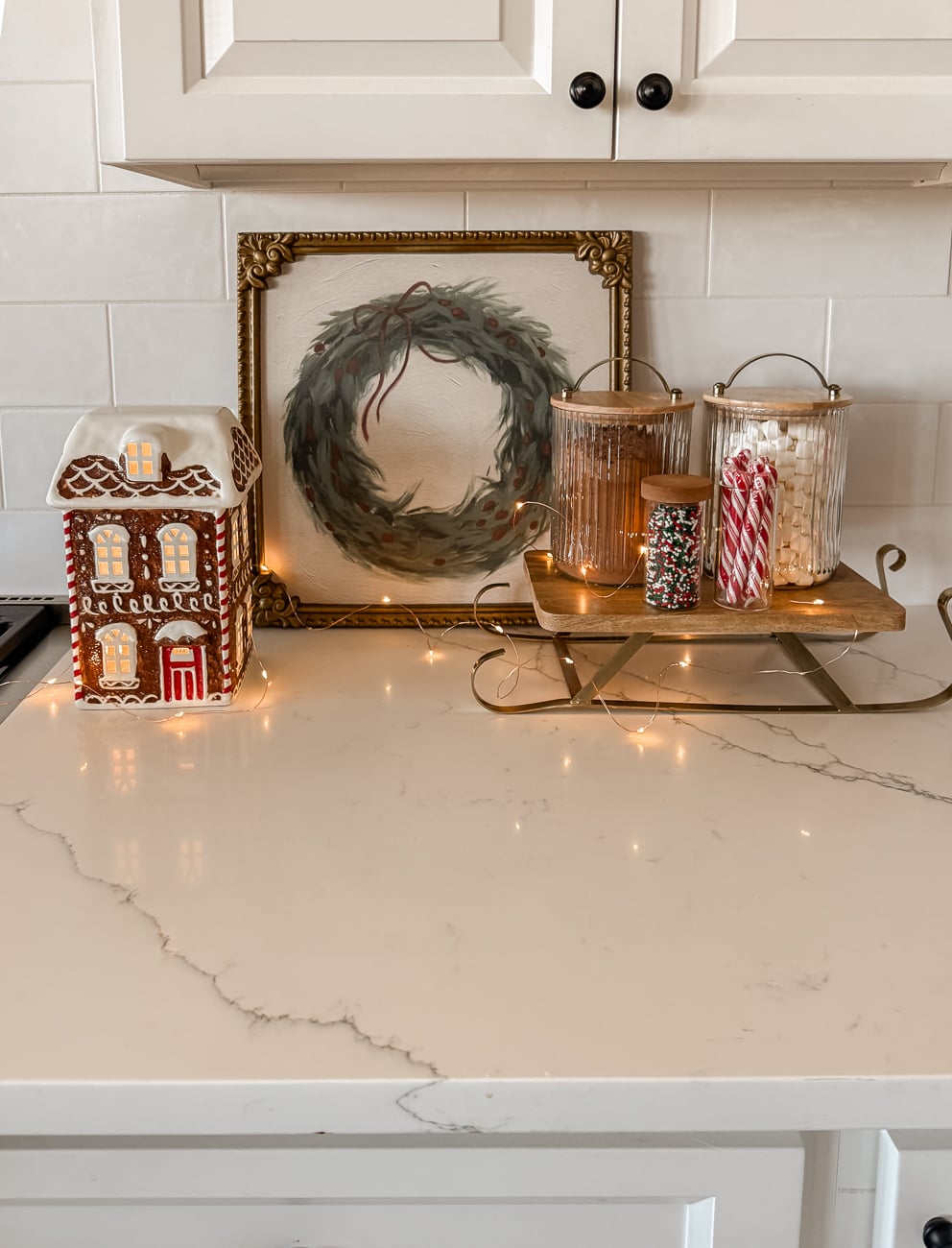 Countertop Hot Cocoa Bar with Illuminated Gingerbread House Countertop Hot Cocoa Bar with Illuminated Gingerbread House — Christmas Hot Cocoa Bar