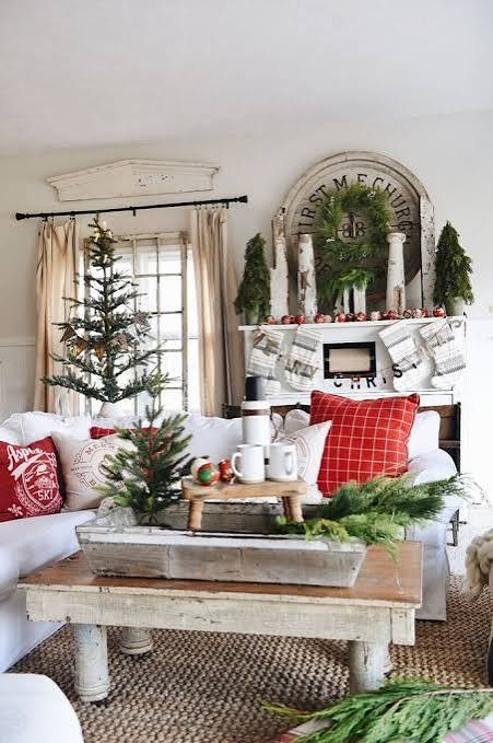 Farmhouse Living Room Mantle with Small Christmas Tree — Cozy Christmas Decor
