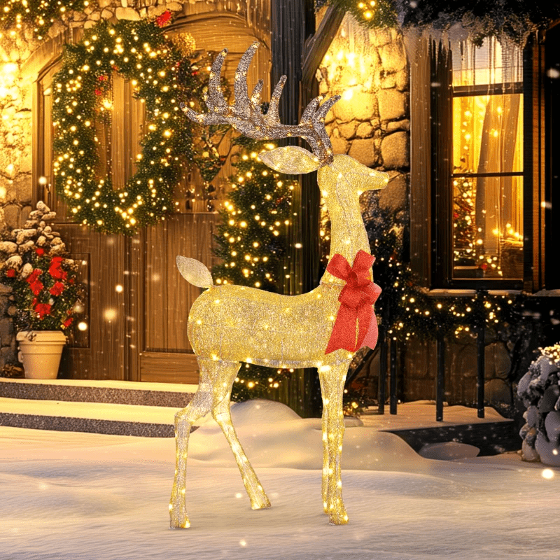 Charming House Exterior with Gold Light-Up Reindeer and Icicle Lights Charming House Exterior with Gold Light-Up Reindeer and Icicle Lights — Outdoor Christmas Lights