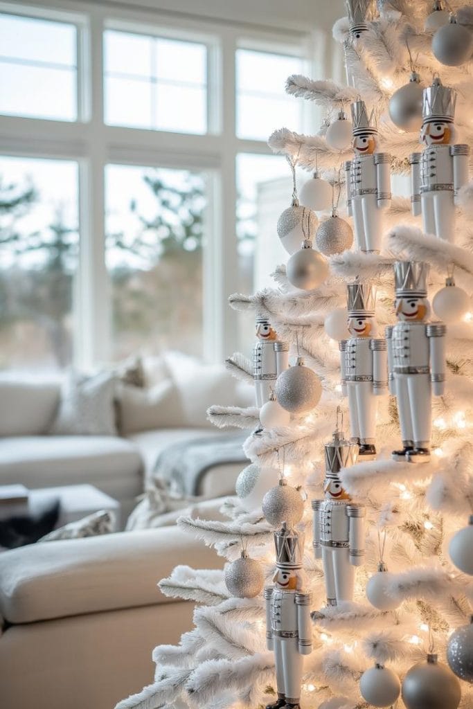 White Christmas Tree Adorned with Nutcracker Ornaments White Christmas Tree Adorned with Nutcracker Ornaments — White Christmas Tree Decor