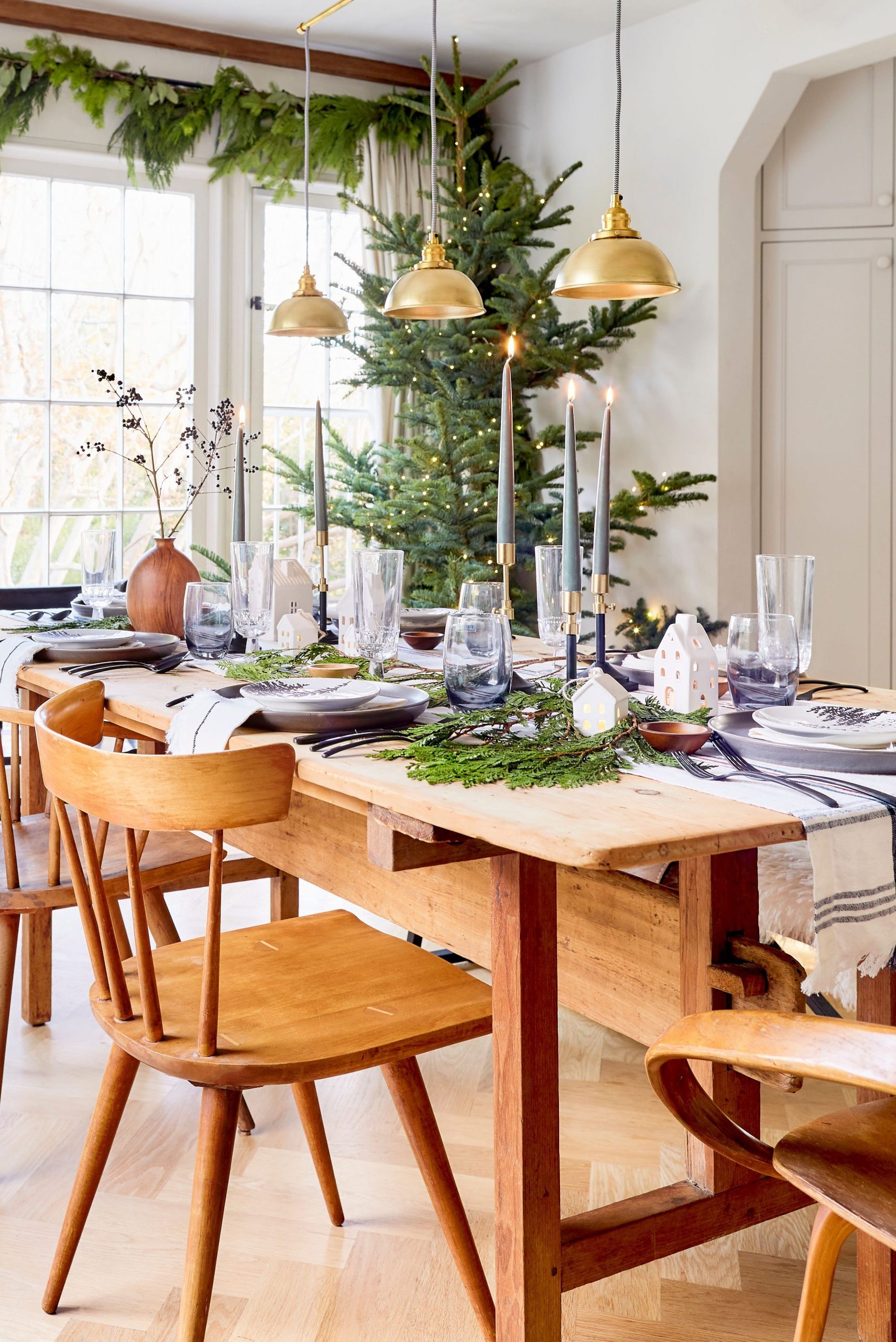 Modern Farmhouse Dining Table with Mini House Decorations — Christmas Dining Room Decor