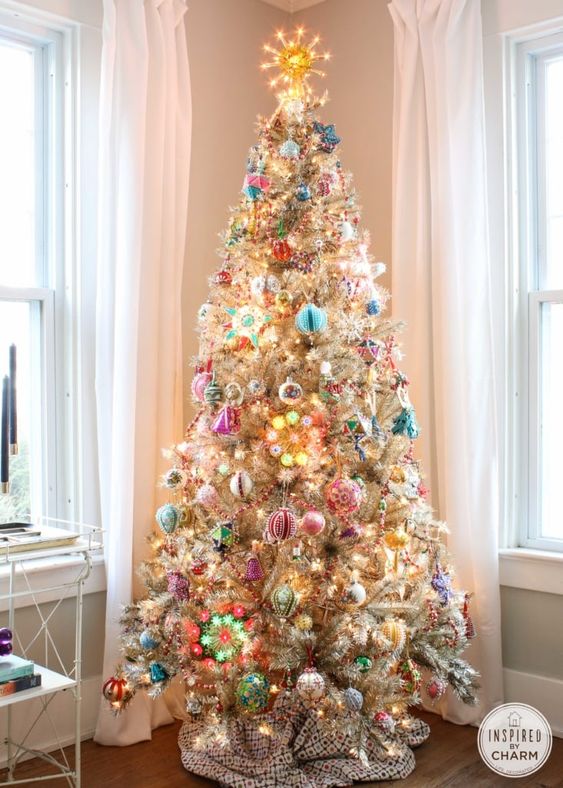 Shimmering Gold Tinsel Christmas Tree with Star Topper — Vintage Christmas Tree