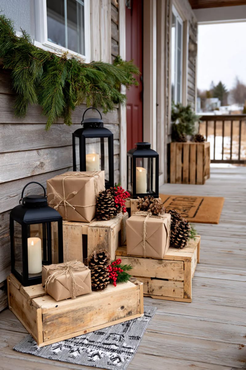 Layered Rustic Porch Display with Black Lanterns and Gifts — Christmas Porch Lanterns
