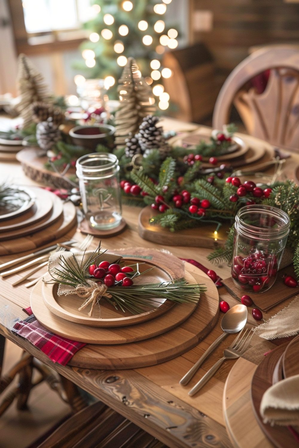 Layered Wooden Plates with Plaid Napkins for a Rustic Christmas Table Layered Wooden Plates with Plaid Napkins for a Rustic Christmas Table — Elegant Christmas Table Setting