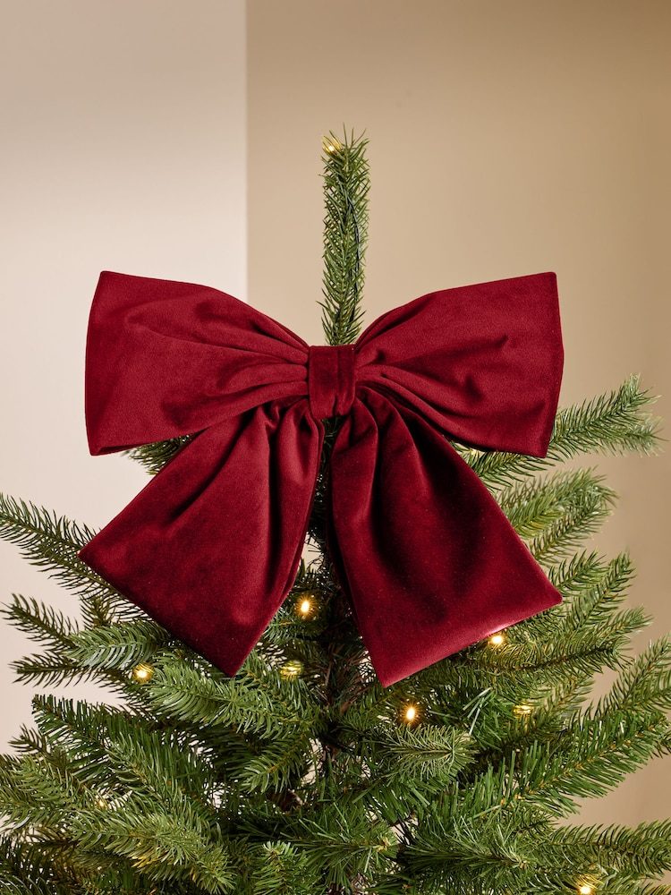 Luxurious Burgundy Velvet Bow with Fairy Lights — Bow Christmas Tree Topper