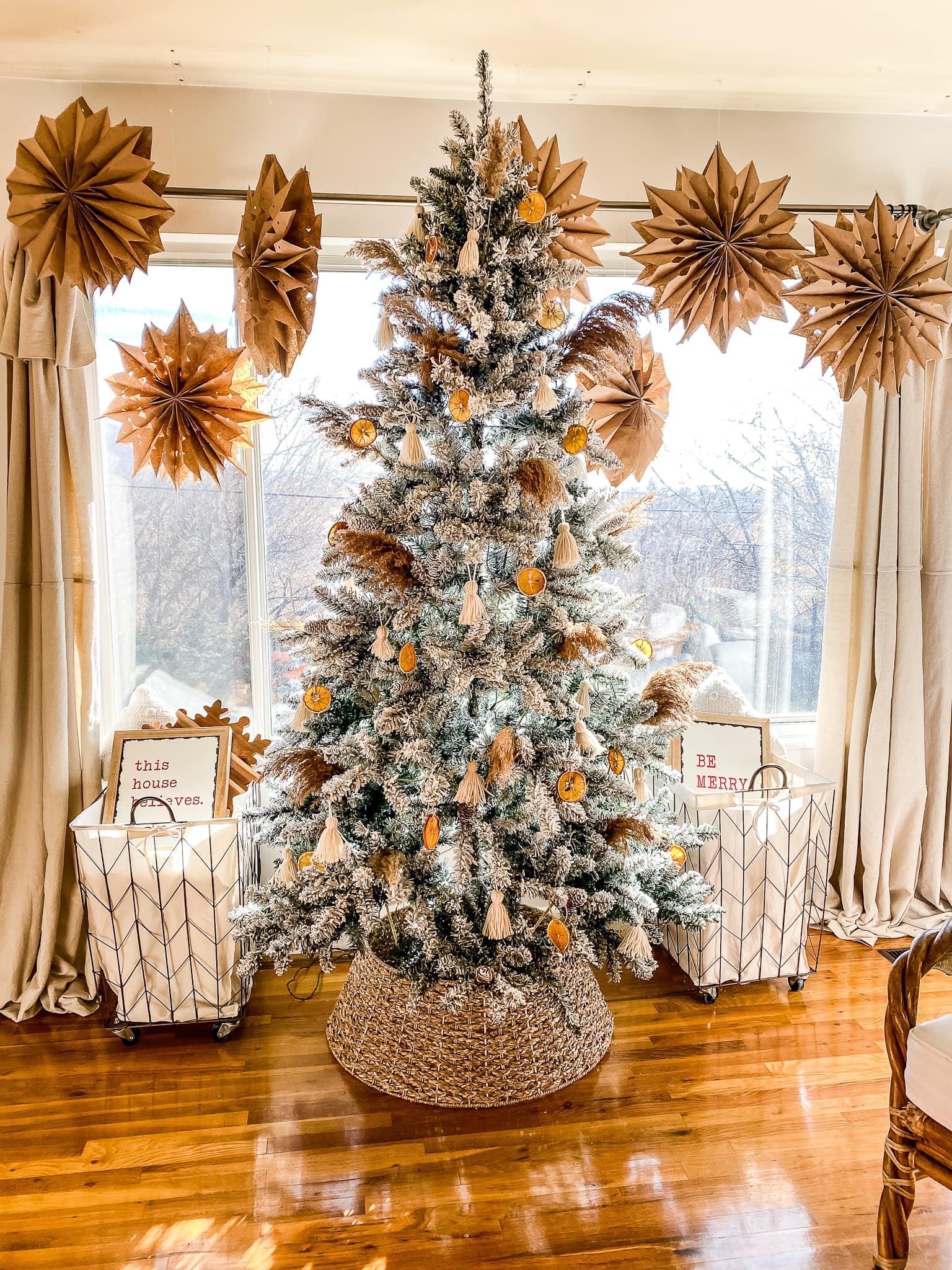 Flocked Farmhouse Tree with Natural and Paper Ornaments — Rustic Christmas Tree