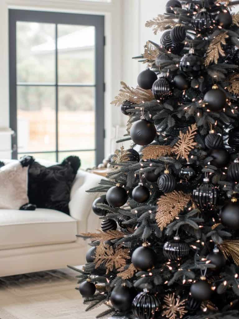 Black Flocked Christmas Tree with Gold Leaf Accents and Fairy Lights Black Flocked Christmas Tree with Gold Leaf Accents and Fairy Lights — Black and Gold Christmas Tree