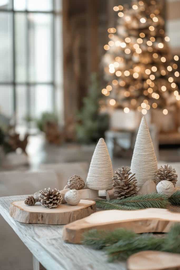 Modern Christmas Vignette with Textured White Trees and Pinecones — Modern Christmas Decor