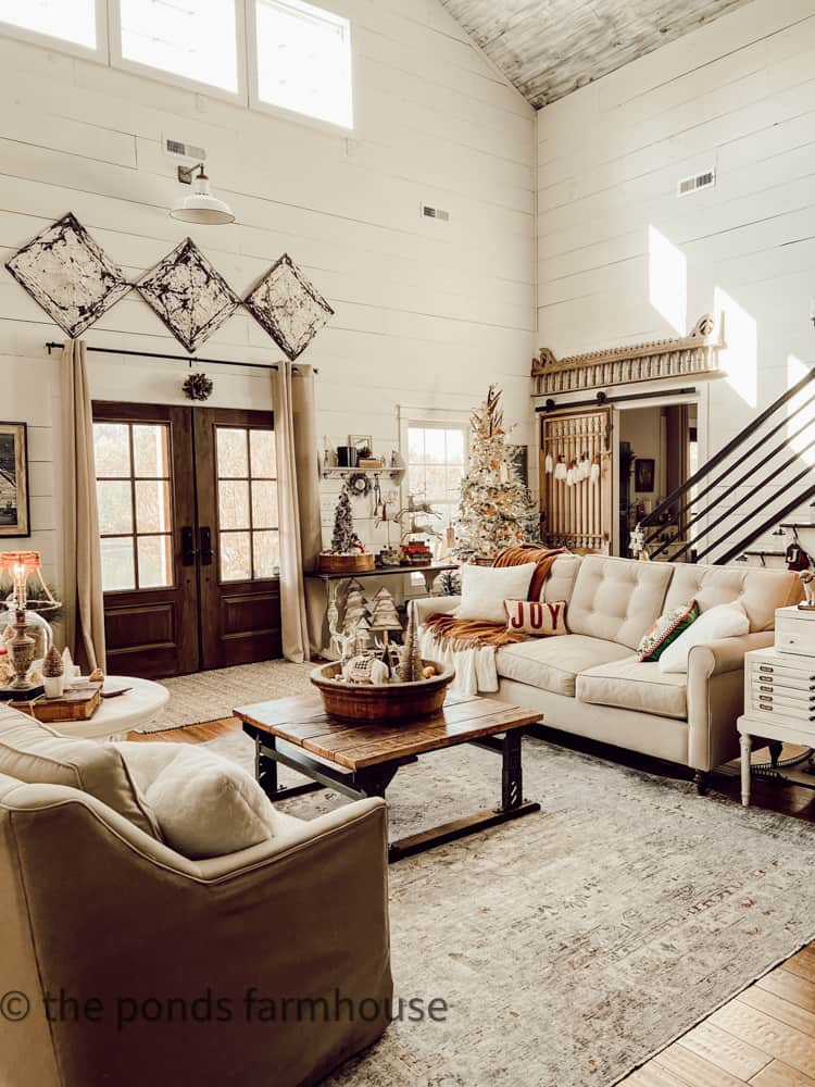 Open-Plan Farmhouse Living Room with Shiplap and Festive Accents Open-Plan Farmhouse Living Room with Shiplap and Festive Accents — Farmhouse Christmas Decor