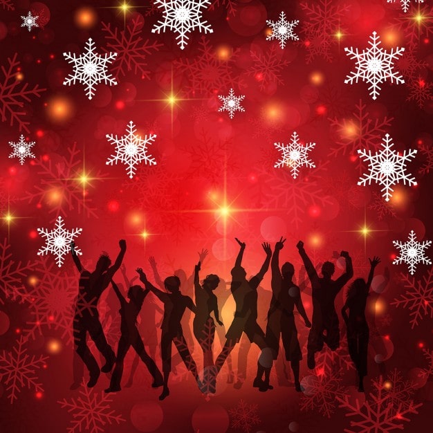 Vibrant Red Graphic Backdrop with Dancing Silhouettes and Snowflakes Vibrant Red Graphic Backdrop with Dancing Silhouettes and Snowflakes — Christmas Party Backdrop