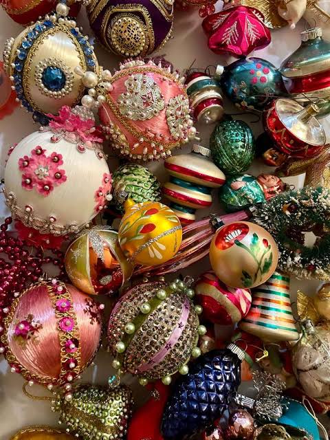 Vibrant Flat Lay of Vintage Glass Baubles and Beaded Pieces — Vintage Christmas Ornaments