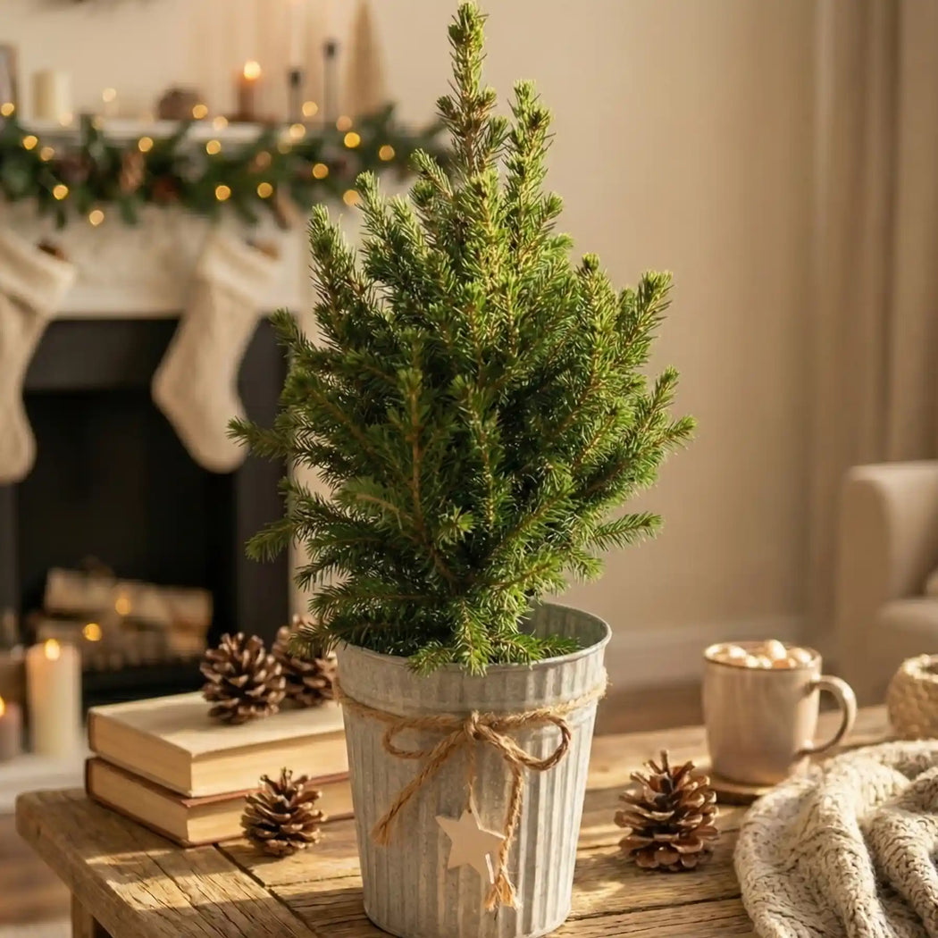 Cozy Galvanized Pot Tree with Rustic Accents — Tabletop Christmas Tree Decor