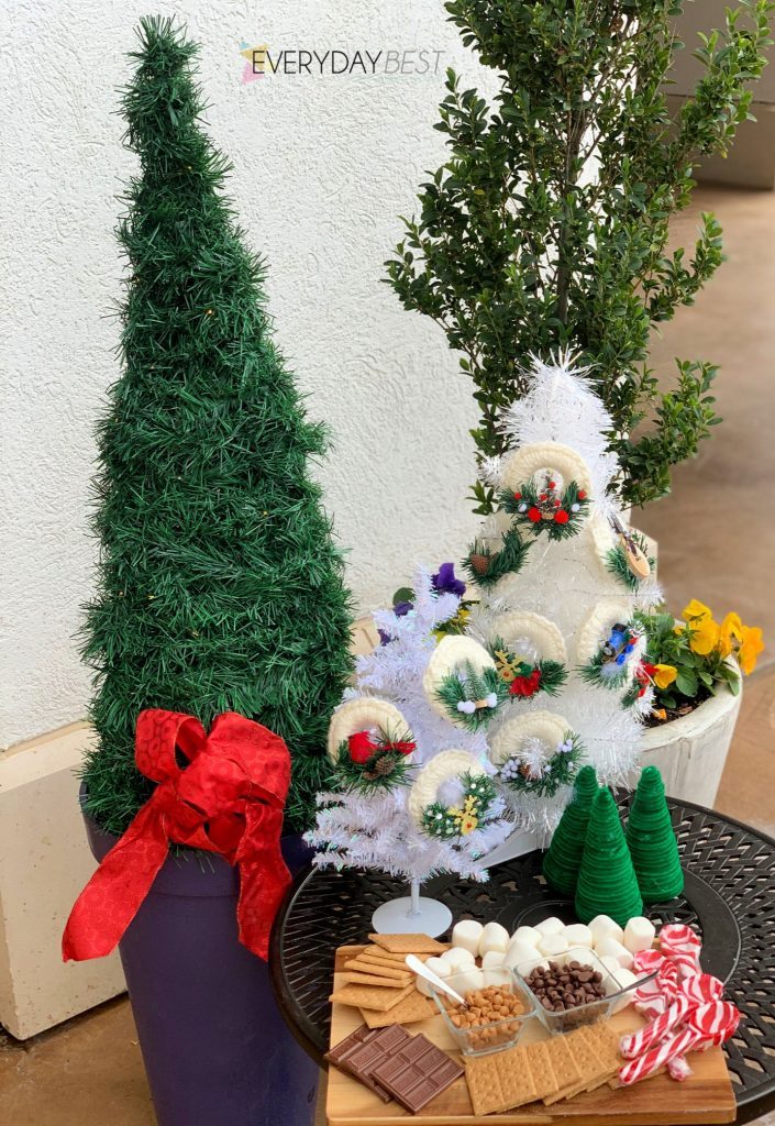 Outdoor Patio Christmas Trees with S'mores Station — Dollar Tree Christmas Decor