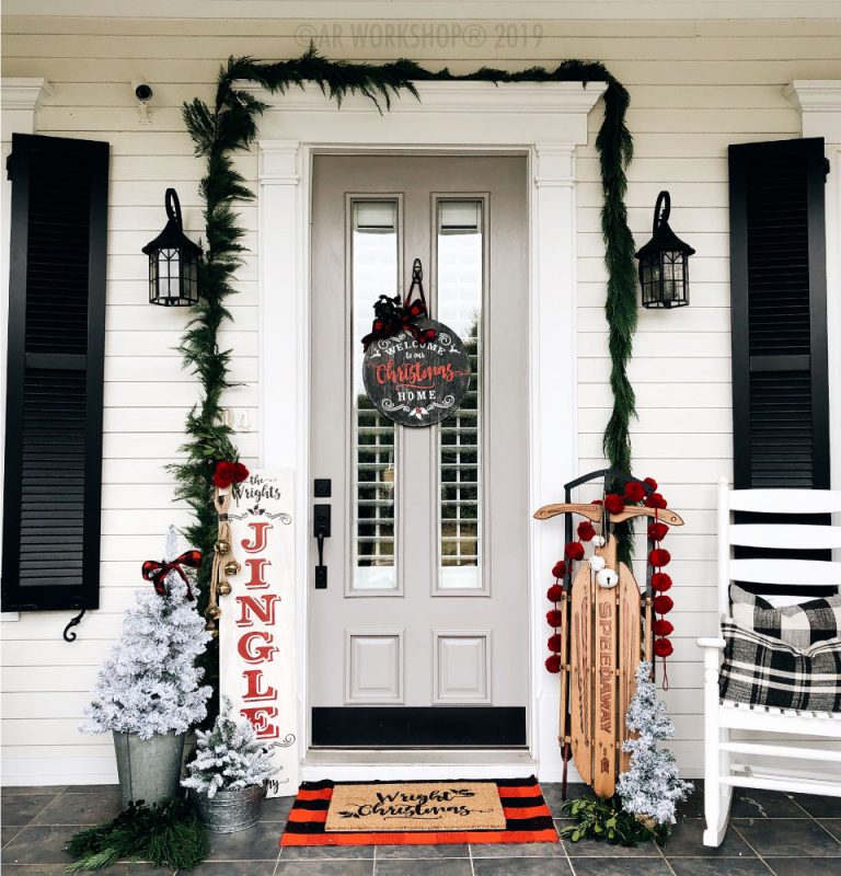 Playful Farmhouse Porch with Vintage Sled and Christmas Sign — Farmhouse Christmas Porch