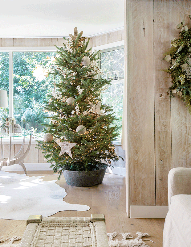 Generously Sized Tree by Window with Cowhide Rug — Minimalist Christmas Tree