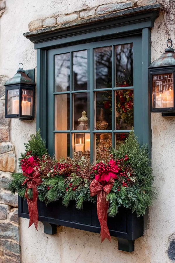 Elegant Window Box with Greenery, Red Bows, and Lit Lanterns — Christmas Window Decor Outdoor