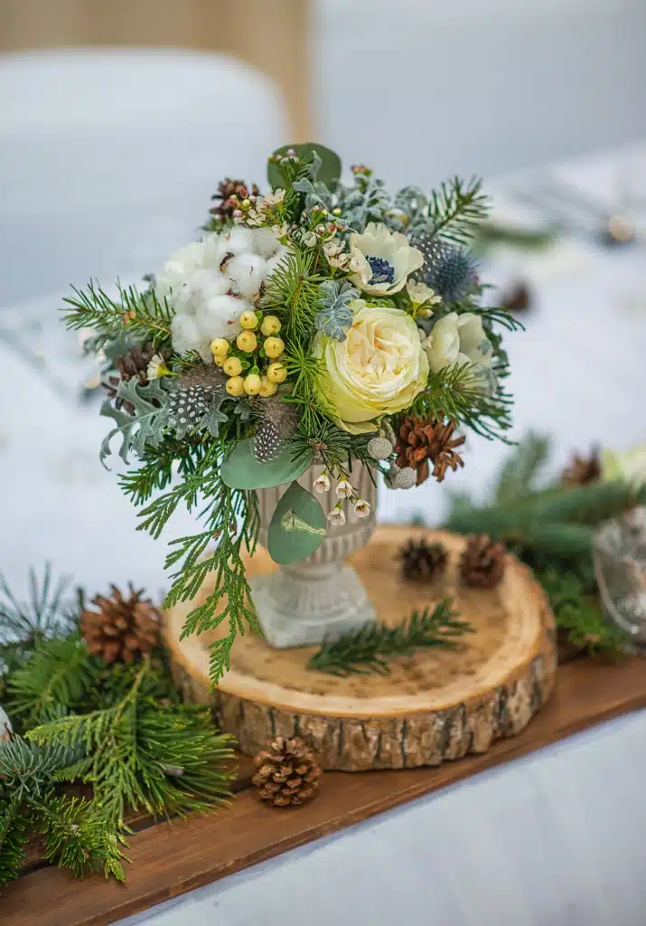Rustic Urn Vase with White Florals, Cotton, and Pinecones Rustic Urn Vase with White Florals, Cotton, and Pinecones — Christmas Wedding Centerpiece
